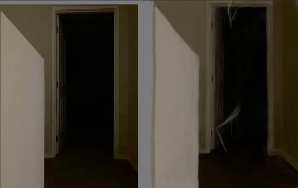 This is a reference and finished product of a small hall with an open door that leads to a dark room. 