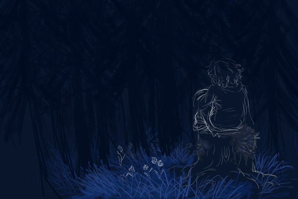 a colored picture of a curly-haired man, sitting in a dark forest, a dark blue one, not facing the viewer, staring at the nothingness of the forest.