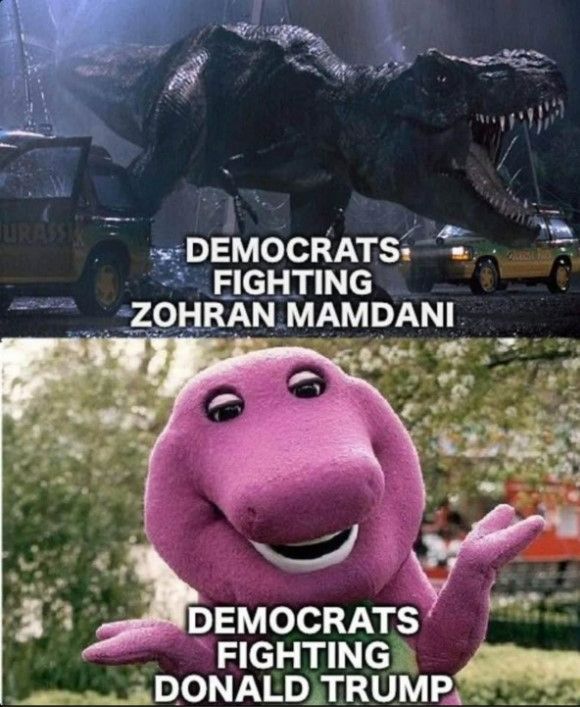 Two image meme.

Top image shows a ferocious tyrannosaurus rex roaring in the street with the text "Democrats fighting Zohran Mamdani"

Bottom image shows Barney the Purple Dinosaur, beloved children's mascot, with the text, "Democrats fighting Donald Trump".