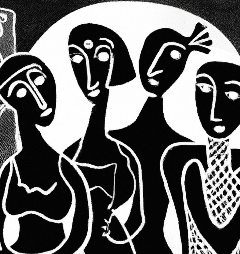 Black and white picture in the style of Pablo Picasso. Four slim Black women on a black and white textured background.