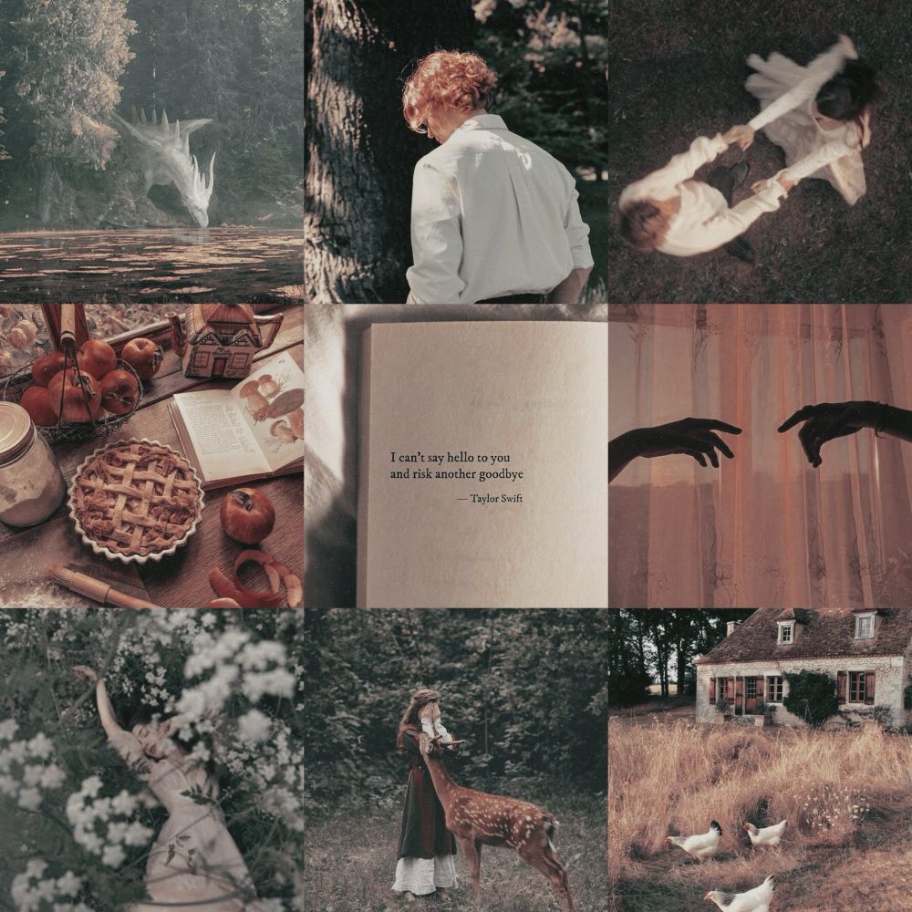 3 x 3 collage of nine photos (cozy, soft)

Top row, Left to Right: white dragon between trees drinking from lake, back of a blonde man in white shirt outside, birds eye view of blonde man in a white shirt dancing with brunette girl in white dress

Middle row, Left to Right: warm picture of apples & pie, "I can't say hello to you and risk another goodbye" - Taylor Swift, two hands reaching for each other

Bottom row, Left to Right: woman laying in grass with trees above her, woman with a deer, cozy little house with chickens outside