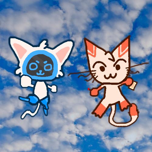 Two white cats, one with a screen display for a face and blue prosthetic legs, and another with orange tips and a box of matches. 