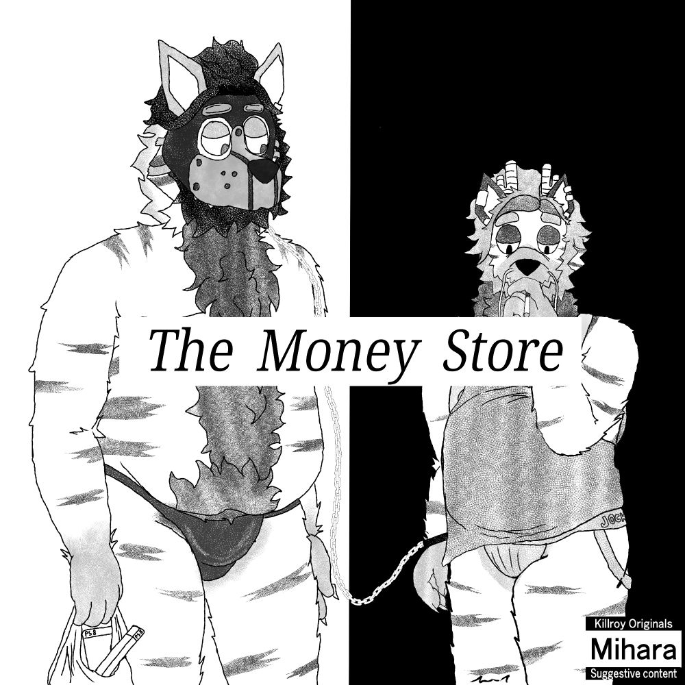 The Money Store album cover drawover but there is Reiko wearing pup hood mask (on the left) and Mihara (on the right). Sign "The Money Store" covers their chests and tits