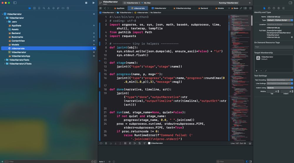 Screenshot of a macOS development environment showing Xcode in dark mode. The left sidebar displays the project navigator for a project named “VideoNarrator” with folders including .venv, AppState, Assets, Backend, Bookmarks, ContentView, Models, and a highlighted Python file videonarrate.py. The main editor area shows Python code beginning with imports such as argparse, os, sys, json, math, and requests. Functions defined include jprint, stage, progress, done, and run, handling JSON output, progress reporting, and subprocess execution. The right sidebar shows file properties like name, type (Python Script), and target membership.