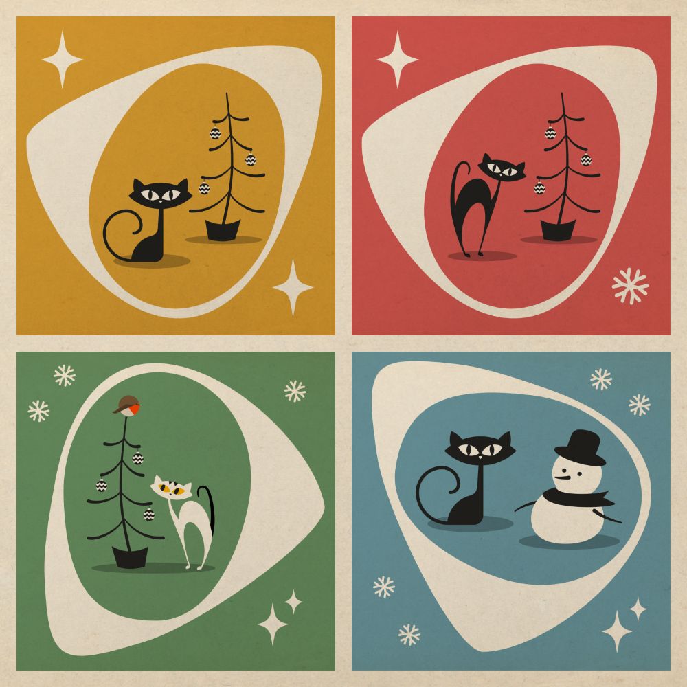 Four illustrations of cats next to Christmassy objects in a mid-century modern style.