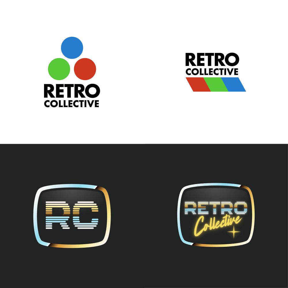 A quad of 4 Retro Collective logo mocks. Two more corporate-style logos with Red Green and Blue sections with the "Retro Collective" text set in Futura Bold. The lower two feature a CRT TV shaped border filled with an 80s chrome gradient. The inner text reading "RC" on the left and "Retro Collective" on the right with the same gradient as the border. Text is set in Kallisto Lined, with the "Collective" set in yellow TorchZilla typeface.