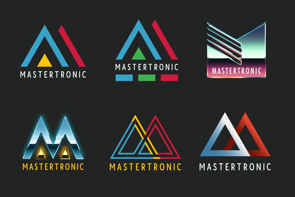 Six 80s style Mastertronic logos. All pointy and based on the letter 'M'.
