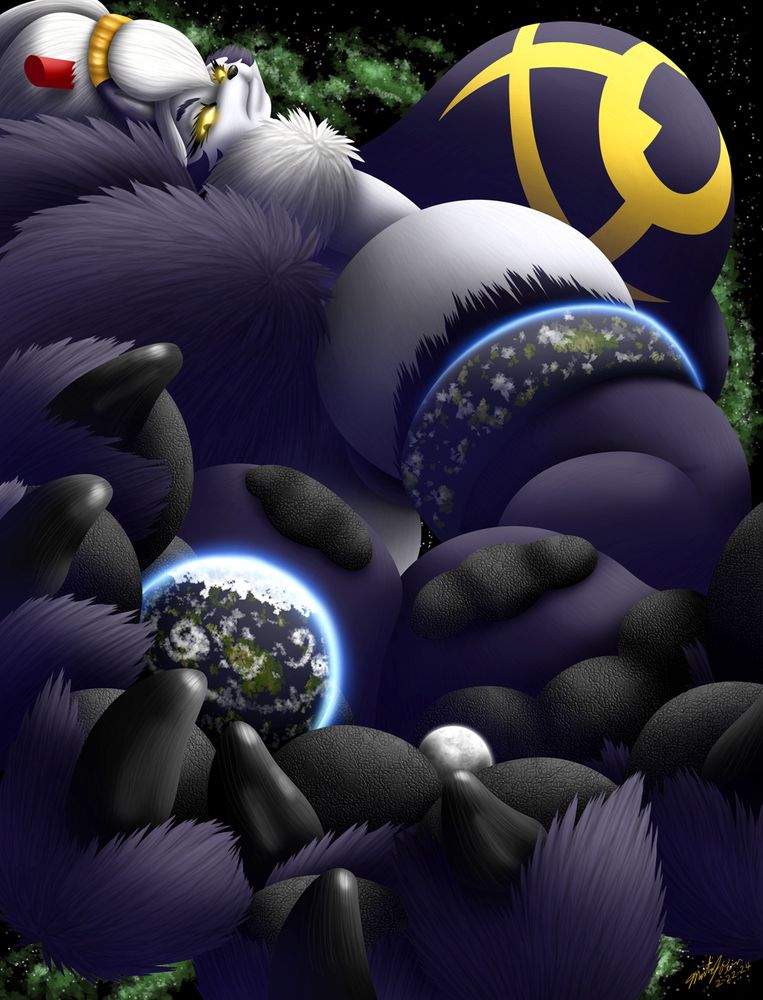 Aetherine the Ninetales/Hisuian Zoroark/Typhlosion floating in space and looking back over her shoulder with a disinterested looking expression. She's looking down past her tails, butt, and shoulder at a tiny planet and moon cradled in her toes.