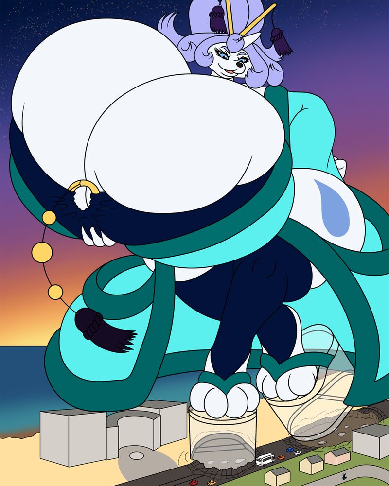 Baylene the Dewgong wearing her kimono and transparent sandals and walking down a beachside city street. She's looking down with a teasing smile at a tiny, normal-sized Clypse the Umbreon far below while also hefting her beyond torso-sized breasts with a hand.
