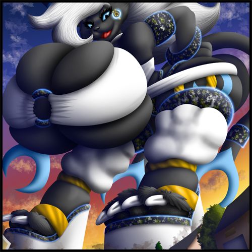 Cropped teaser image of Vironika the Kavat/Umbreon looming over the viewer and bending over at the waist to lean forward and look down at a tiny off-canvas Clypse with a big happy smile.