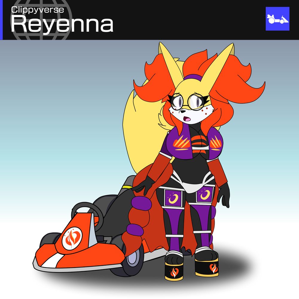 Reyenna the Delphox in her racing outfit and standing next to her racing cart. She's looking off to the side with a slightly concerned look
