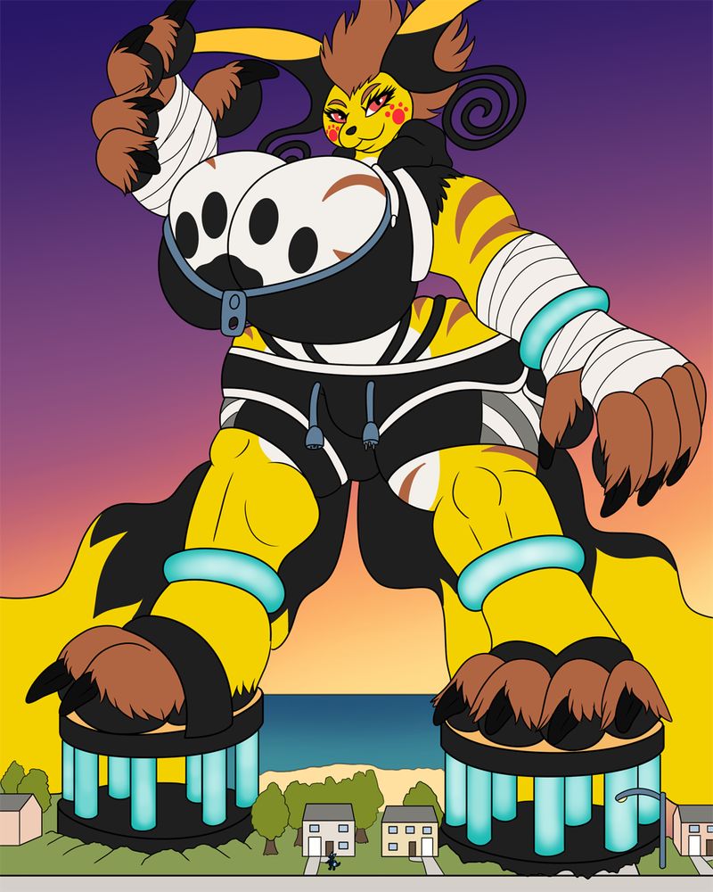 Krystal the Mega Raichu in her new outfit standing on top of a residential neighborhood. She's looking towards the viewer with a smirk and holding up one massive pawhand.