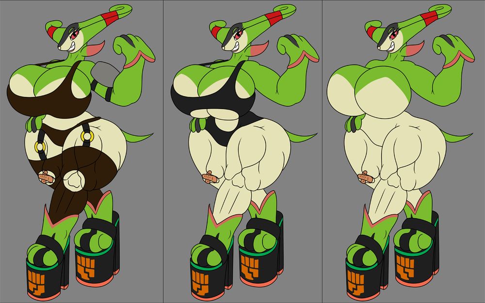 Reference picture of Katie the Virizion. She's flexing an arm and grinning toothily at the viewer. Also in the ref she is shown wearing lingerie, a swimsuit, and being featureless nude save for her large pawwear.