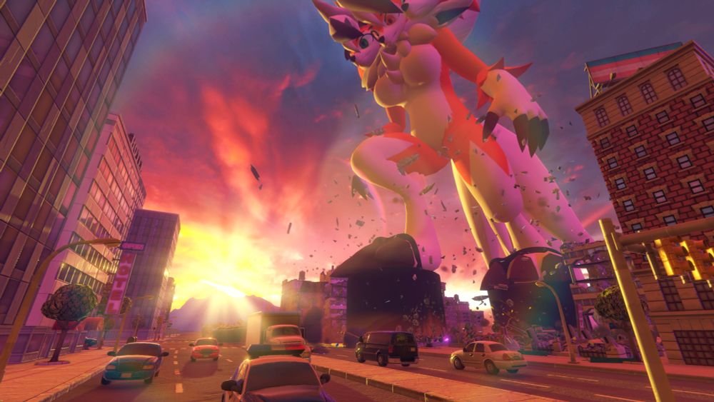 Render from the game Pawperty Damage showing Penumbra the Cerberus Lycanroc stomping her way through a city at sunset.
