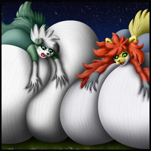 Cropped teaser image of Benna the Lycanroc and River the Delphox caught side by side on top of their beyond body-sized breasts and looming vastly over the surrounding landscape. Both are looking rather shocked and surprised by this development.