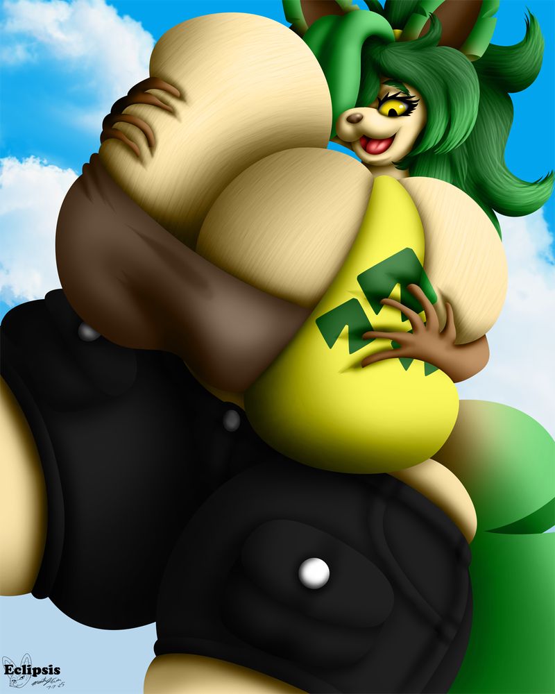 Summer the Leafeon looming over the viewer as she looks down past her torso-sized breasts with a happy, open smile. She is also smooshing her breasts together between her hands.