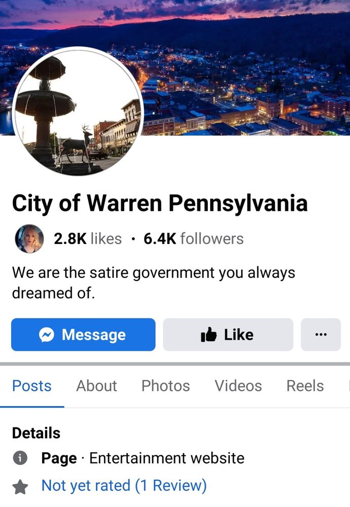 Screen grab of "City of Warren Pennsylvania" satire Facebook page