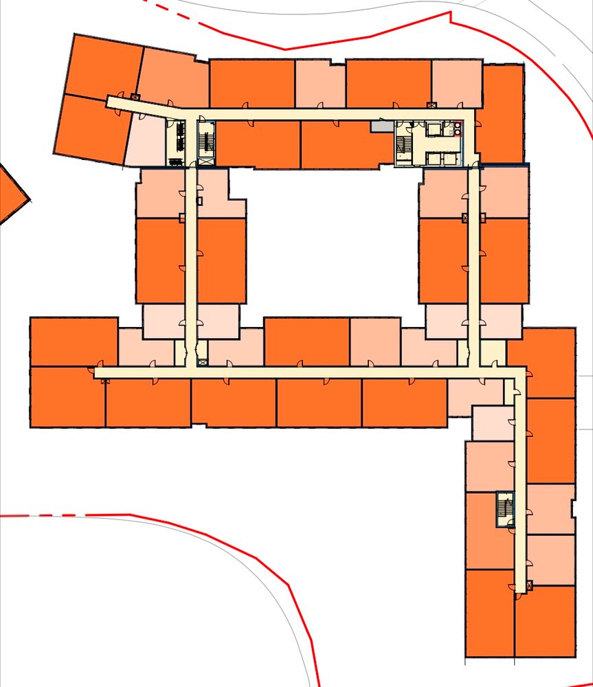 Level 3-5 footprint / unit+circulation map of Verve Charlottesville, zoomed in on east tower