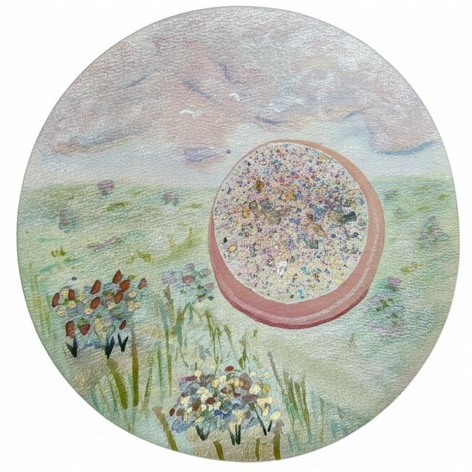 A circular watercolor painting of a serene, ethereal landscape. The top half is a shimmering, pale sky with soft washes of pink and lavender clouds, and a couple of faint, flying bird shapes. The bottom half depicts a vast field of soft green, with small patches of colorful, abstract flowers and tall grasses. A large, circular portal dominates the central-right foreground. The portal has a thick, pinkish-orange rim, and its interior is filled with a dense, textured mix of small, colorful specks, giving it a granular, glittery, and jewel-like appearance, as if looking through to another realm. The entire painting has a luminous and dreamlike quality.
