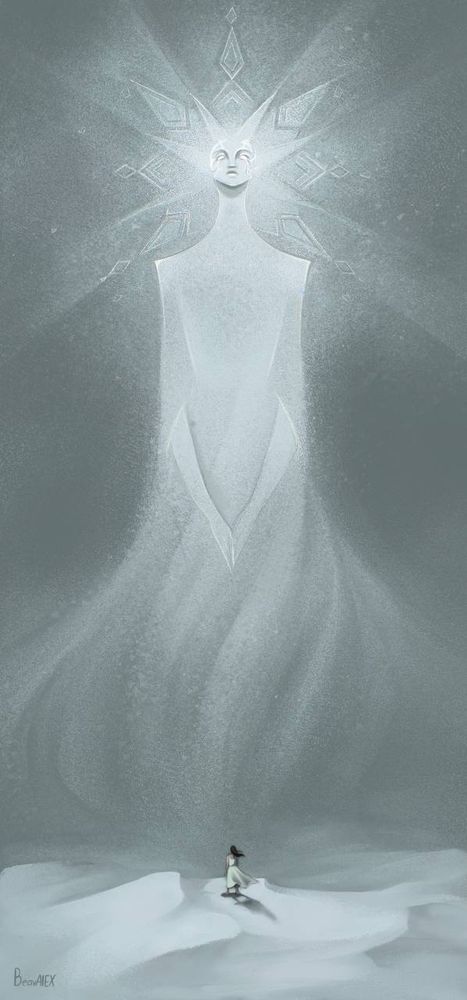 A giant goddess stands in front of her follower in the snowstorm. Her headwear is similar to a snowflake. 