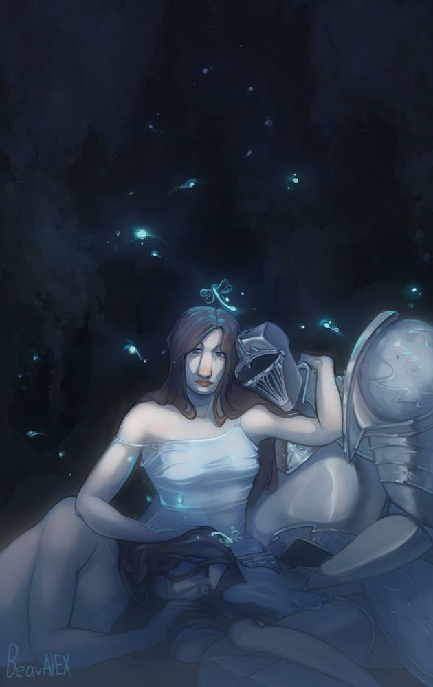 It’s a peaceful night. A young half elf sits in the embrace of dark-haired man and knight lady. Fireflies fly around them in the dark