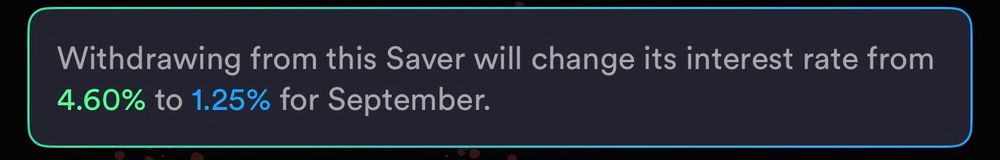 Text: Withdrawing from this Saver will change its interest rate from 4.60% to 1.25% for September