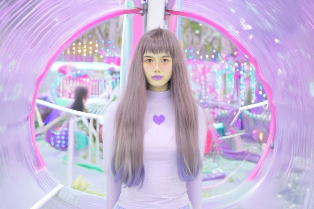 An avatar of a woman, they have lilac hair and a lilac too top. The back ground is pink and lilac.
