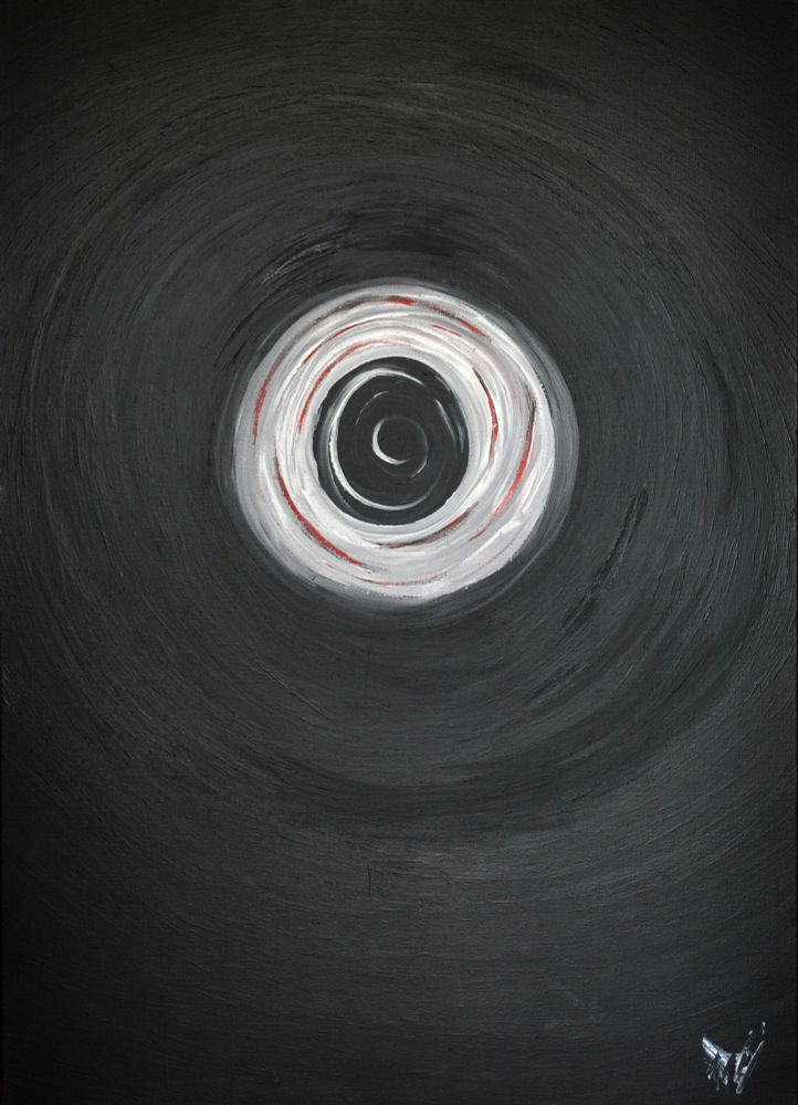 Sans titre
(2010)

Acrylique
130x100

Forme circulaire noire concentrique dont le centre est au milieu haut de la toile. Les cercles concentriques, laissent place à une forme blanche, concentrique elle aussi, mélée de quelques touches de rouge. Au centre, du noir à nouveau, cette fois mélé de blanc.

L'ensemble semble représenter un immense oeil au centre d'un puis noir.

Surnom : L'inéluctable