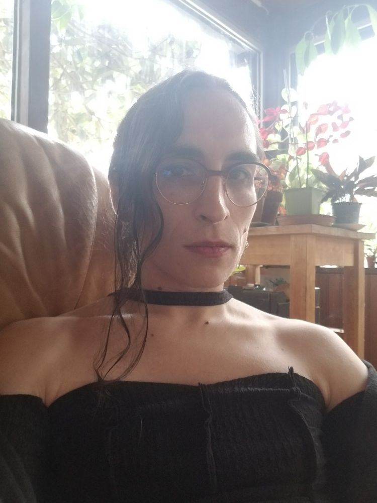 Selfie en contre-jour peu marqué. Dans le fond des fenêtres formant un angle et des plantes visibles tant à l'intérieur qu'à l'extérieur. Derrière mon épaule droite est visible le dossier d'un fauteuil marron.
Le selfie cadre le visage et le buste, regard vers l'objectif, expression neutre. 
Une large mèche de cheveux bruns/noirs tombant sur la gauche du visage. Le haut noir sans bretelles laisse les épaules et le haut du buste dénudé.