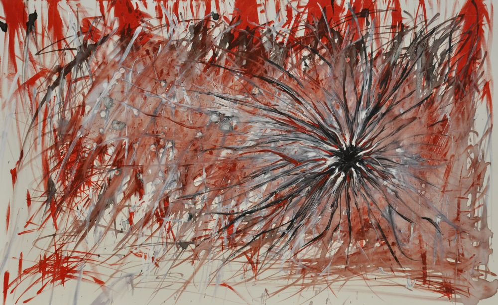 Sans titre
(2019 ?)

Acrylique & encres
130x80

Sur fond blanc, d'énergiques trainées rouges, principalement verticales et majoritairement déscendntes. Par-dessus, des mouvement noirs, gris & blancs partiellement recouvert d'encre blanche dilluée et de projections de gouttes d'encres. Au centre droit de la toile un point noir d'où se répend dans de multiples direction des courbes noires et quelques ondulations blanches réhaussées par quelques teintes rouges.

Surnom : La plaie qui suppure.