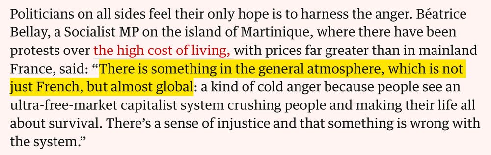 Another quote: ""Politicians on all sides feel their only hope is to harness the anger. Béatrice Bellay, a Socialist MP on the island of Martinique, where there have been protests over the high cost of living, with prices far greater than in mainland France, said: “There is something in the general atmosphere, which is not just French, but almost global: a kind of cold anger because people see an ultra-free-market capitalist system crushing people and making their life all about survival. There’s a sense of injustice and that something is wrong with the system.”"