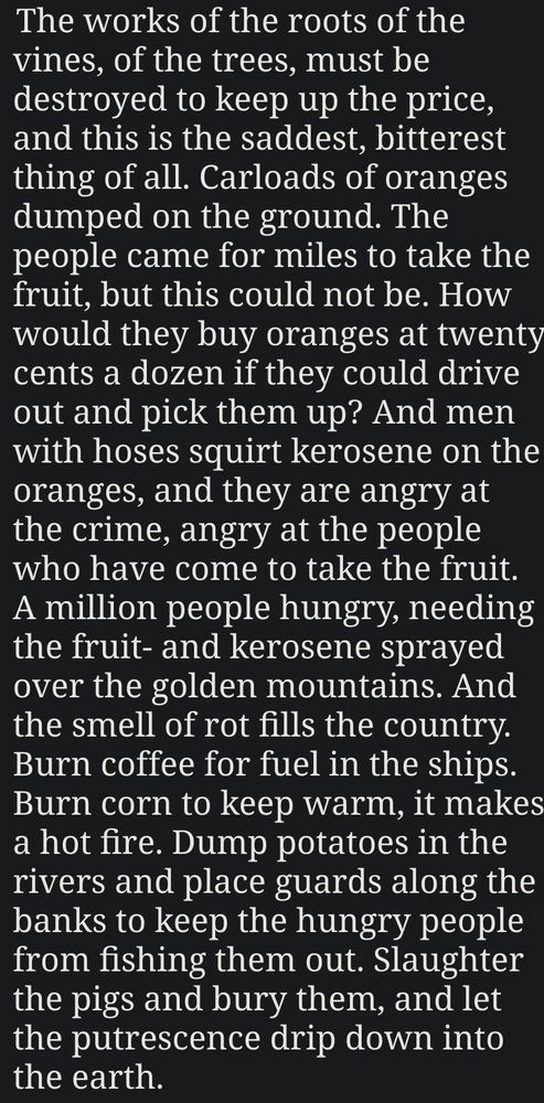 Excerpt from Grapes of Wrath about surplus food being destroyed to keep profits high while people starve