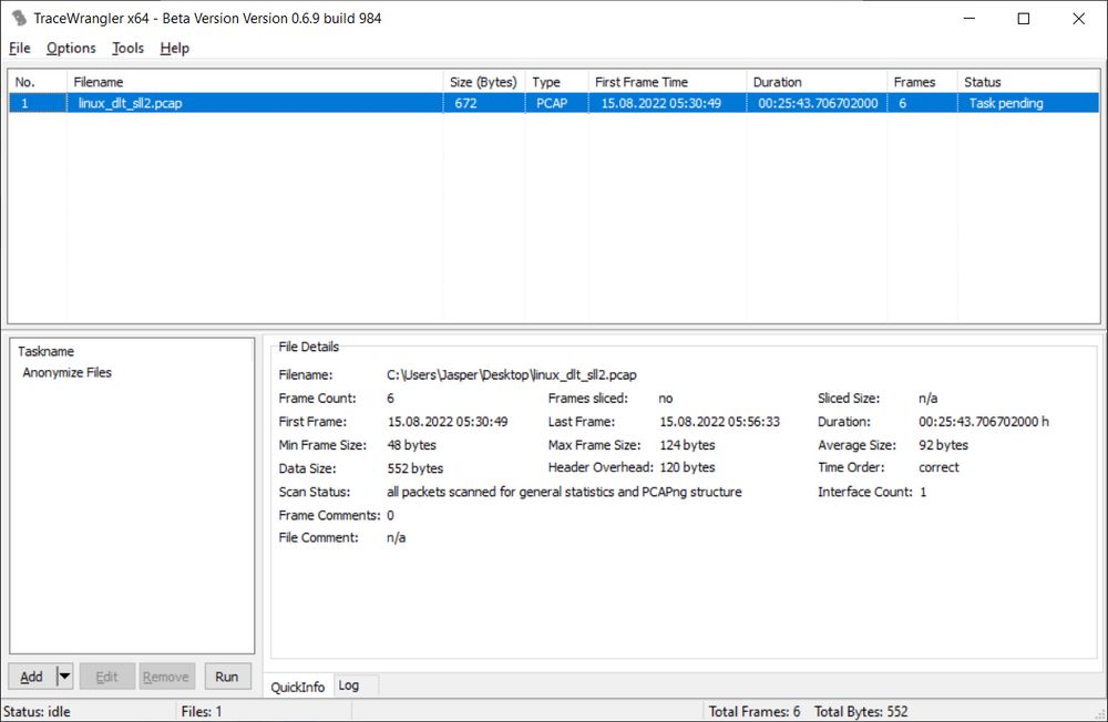 A Screenshot of the Tracewrangler application window showing a pcap file loaded with it's meta information in the lower right pane. A "Anonymize Files" task is assigned and pending to run. 