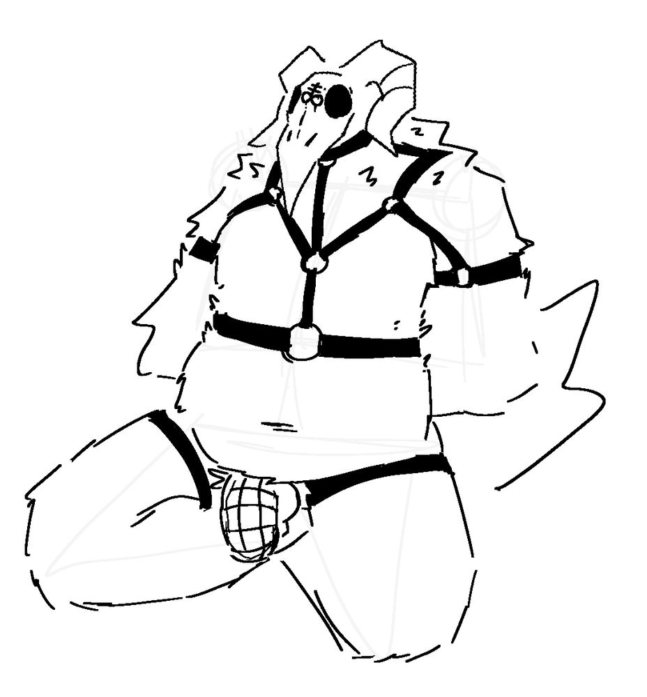 marrow, bound in a harness. its arms are tied behind its back, and its cock has been placed in a chastity cage. it has the alchemical symbol black sulfur painted on its skull