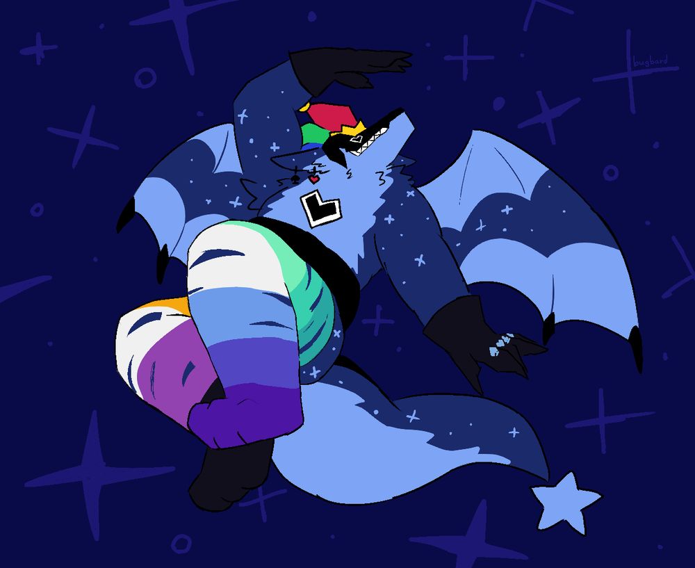 luki flamboyantly floating about in a sea of stars, wearing a torn pair of pride-colored stockings... one is in nonbinary colors, and the other is in gay colors