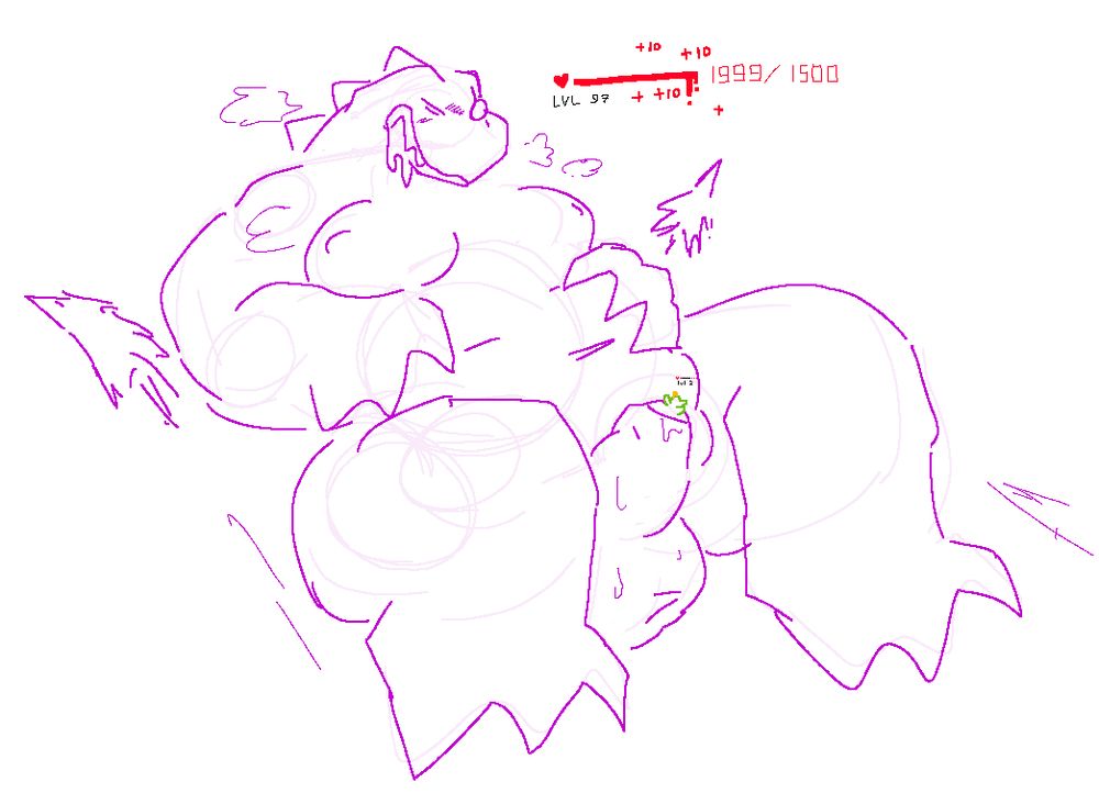 specimen overhealing HP while a puny goblin is trapped in the tip of her cock, losing hp. specimen is drooling and groping herself with pleasure