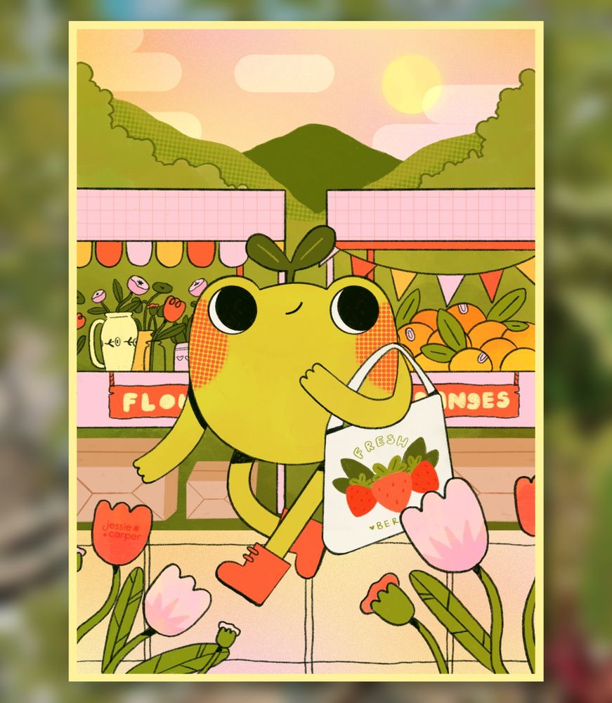 Happy frog walking through produce market with fresh strawberry tote bag. Green mountains the the background with pink and red tulips in the foreground