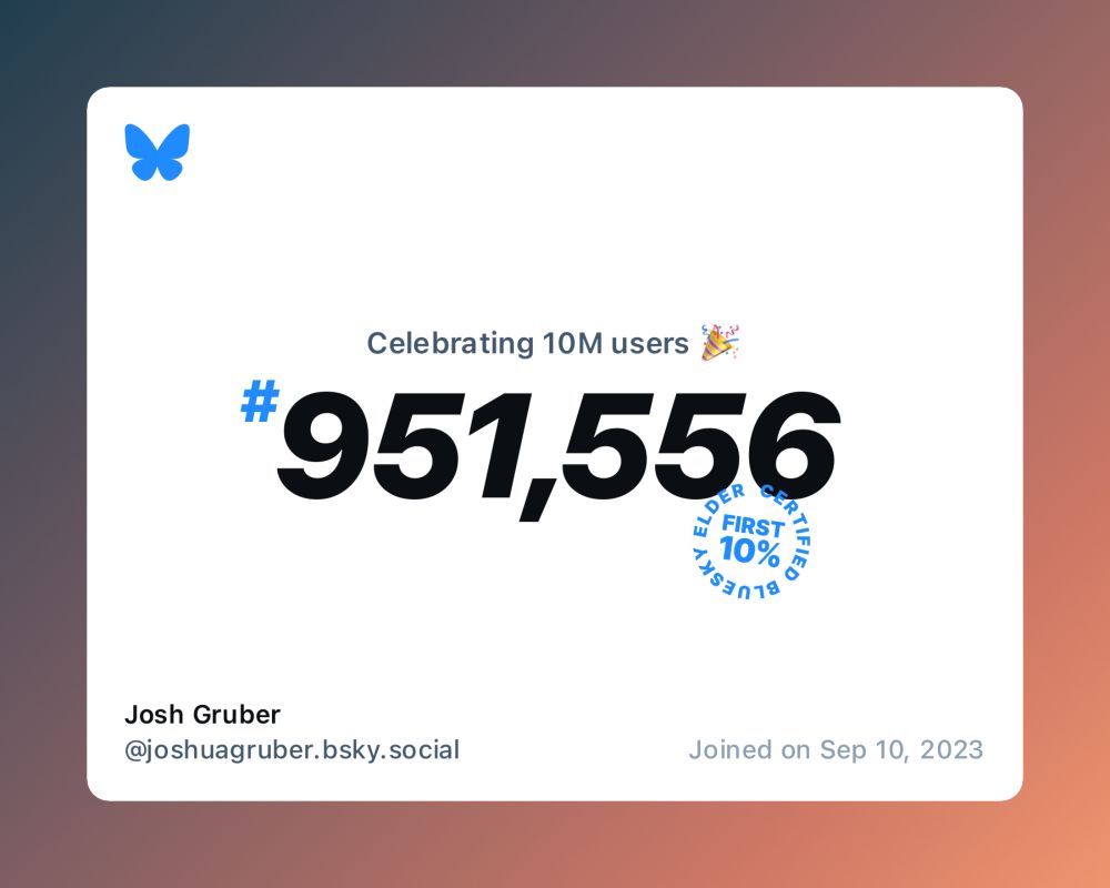 A virtual certificate with text "Celebrating 10M users on Bluesky, #951,556, Josh Gruber ‪@joshuagruber.bsky.social‬, joined on Sep 10, 2023"