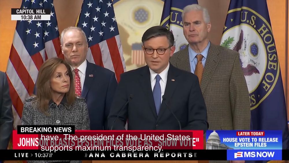 Screenshot of Republican House Speaker Mike Johnson at 'Epstein Files Vote' Press Conference stating, "...have. The president of the United States supports maximum transparency." 