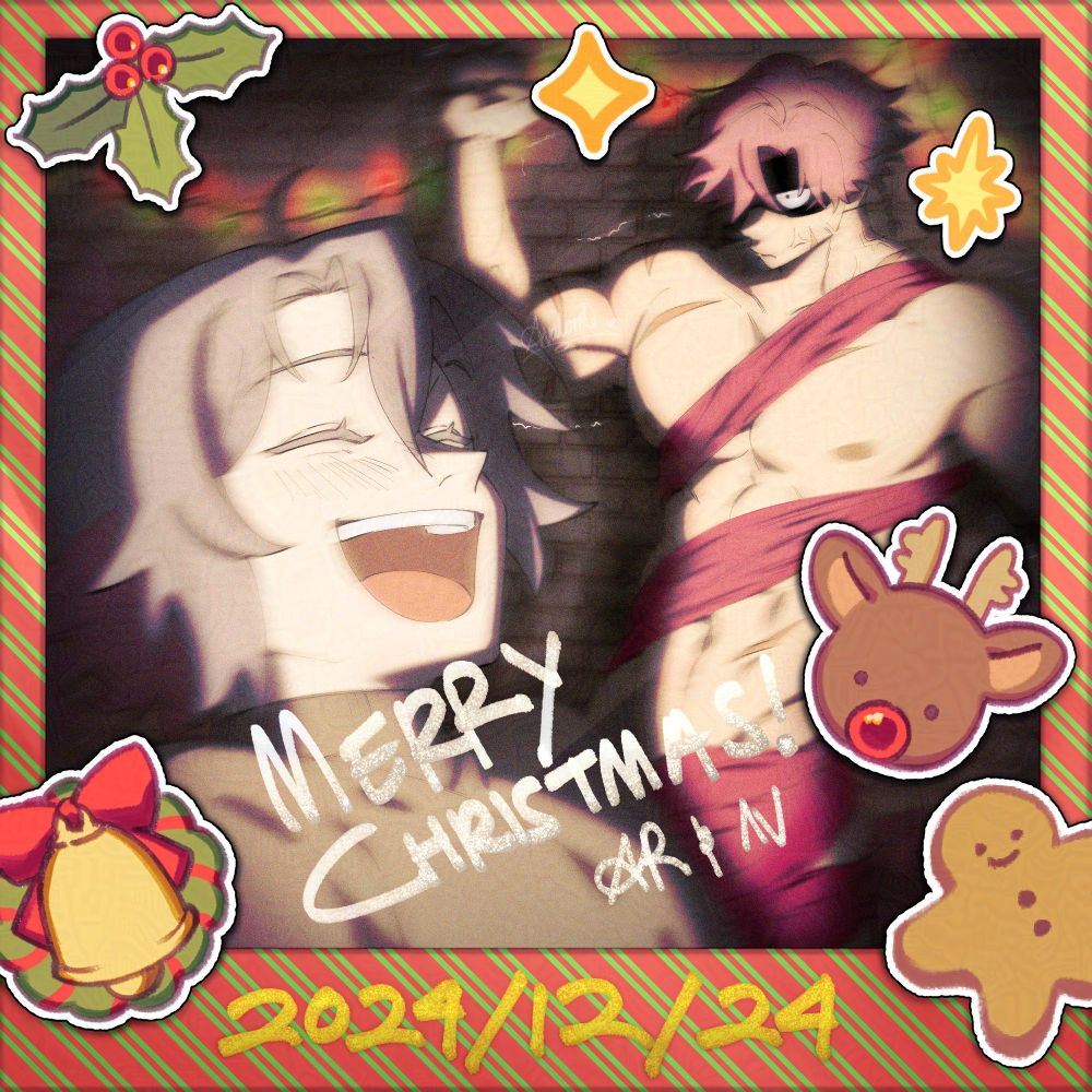 Drawing of a polaroid of Avalon Rose and Aralon Vose celebrating Christmas, covered in stickers and writing saying "Merry Christmas! AR & AV" along with "2024/12/24" below it.