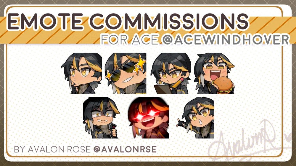 A collection of chibi emotes of Ace @acewindhover.bsky.social's character/vtuber.