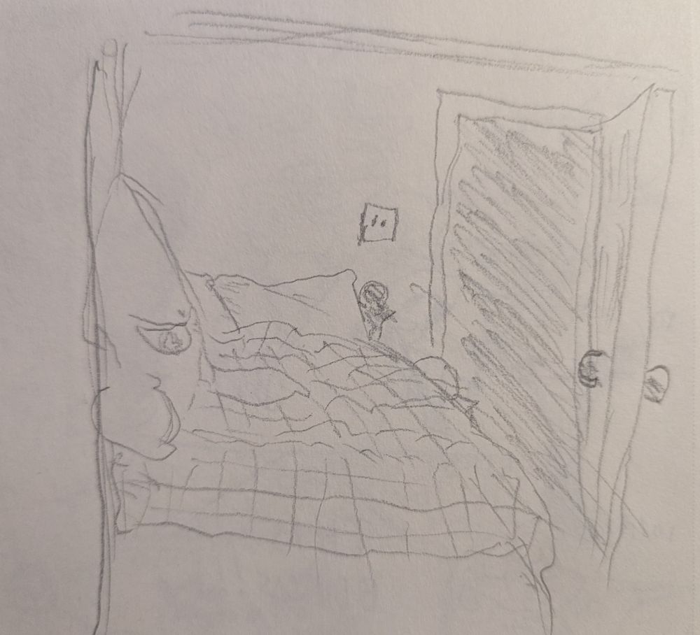 Pencil drawing of my room. A Splatoon Kraken plush leans against a wall, sitting on a bed. There is a door ajar in the back right.
