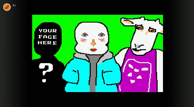 image of mario paint on NSO. I drew a "realistic" toriel next to a yassified sans, and a shadow with "YOUR FACE HERE" next to them both, implying you could be the third for their polycule