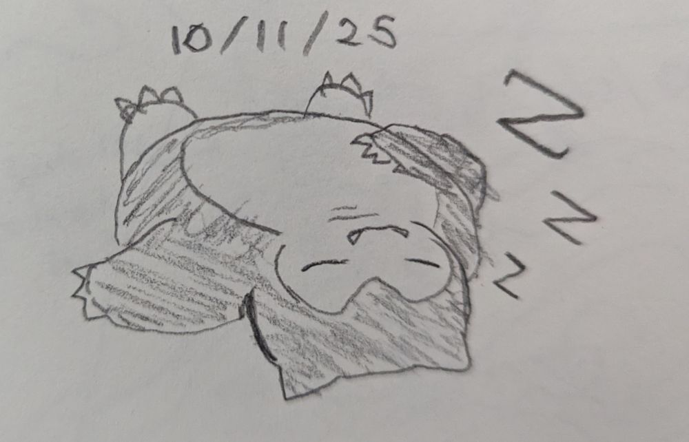 A pencil drawing of Snorlax from Pokemon lying down and sleeping with little "Z" onomatopoeias