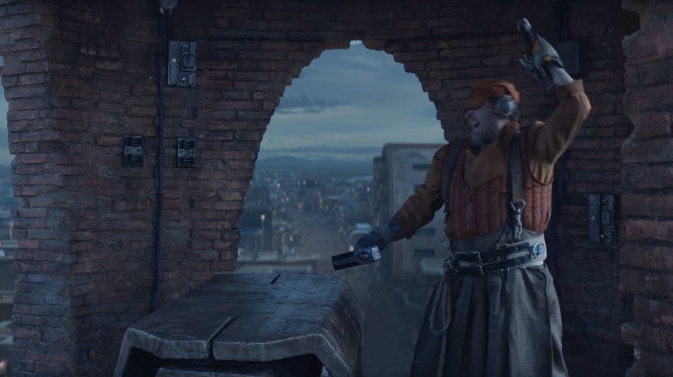 The Ferrix City Time Grappler, about to strike his beskar anvil.