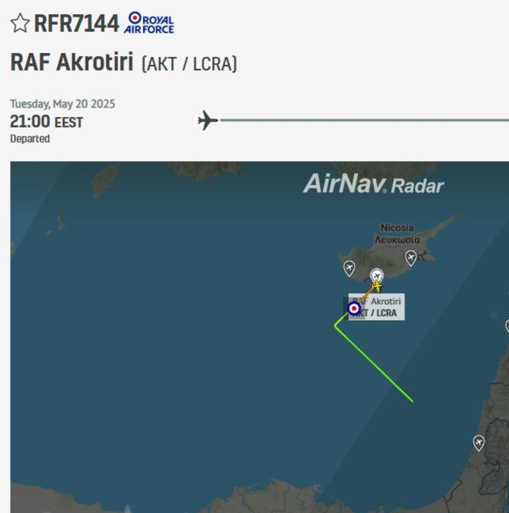 A screenshot from AirNav.radar showing flight RFR7144 taking off from the UK 's air force base in Cyprus at 7pm UK time on the 20th of May 2025 with the destination marked as Israel.