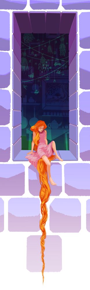Based on the Rapunzel story. A girl sits on a large window sill. One leg hangs over the edge. Her hair is orange and gold and falls out of the window and down the wall. It is very long. Inside we see a dark interior with many kitchen items, including herbs table pots and pans, and a painting. 