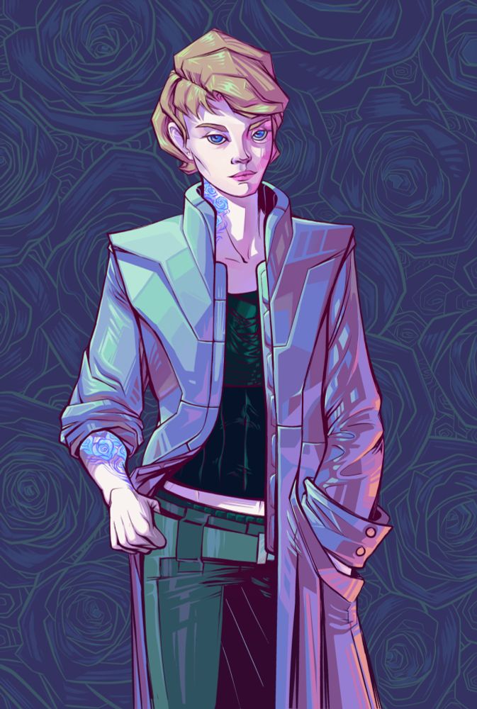 A person stands facing the camera and looking directly at the audience. They have short blond hair and are wearing a variety of blues and greens. Their long metallic trench coat reflects colorful light from multiple directions. One sleeve is rolled up revealing tattoos of roses and thorns winding their arm and that proceed up to their neck. The background is flat and consists of line art of unfurled roses. 