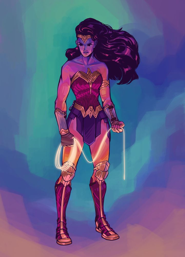 Wonder Woman, the comic book character, stands in an abstract environment of color. Her hair blows in the wind.  She holds her lasso at her side and it illuminates her armor. The armor portrayed in this illustration is the version created by Lindy Hemming for the Wonder Woman movie.