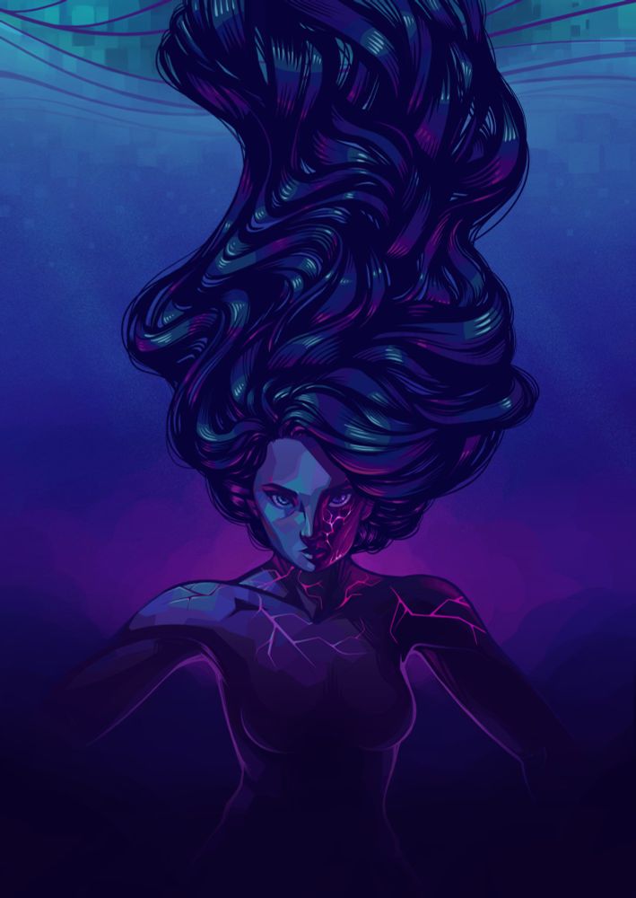 A girl underwater. Her hair drifts upwards towards the surface. There are cracks in her body from which light is dimly visible. The illustration uses primarily blues, purples, and pinks, I'm fades to darkness at the bottom.